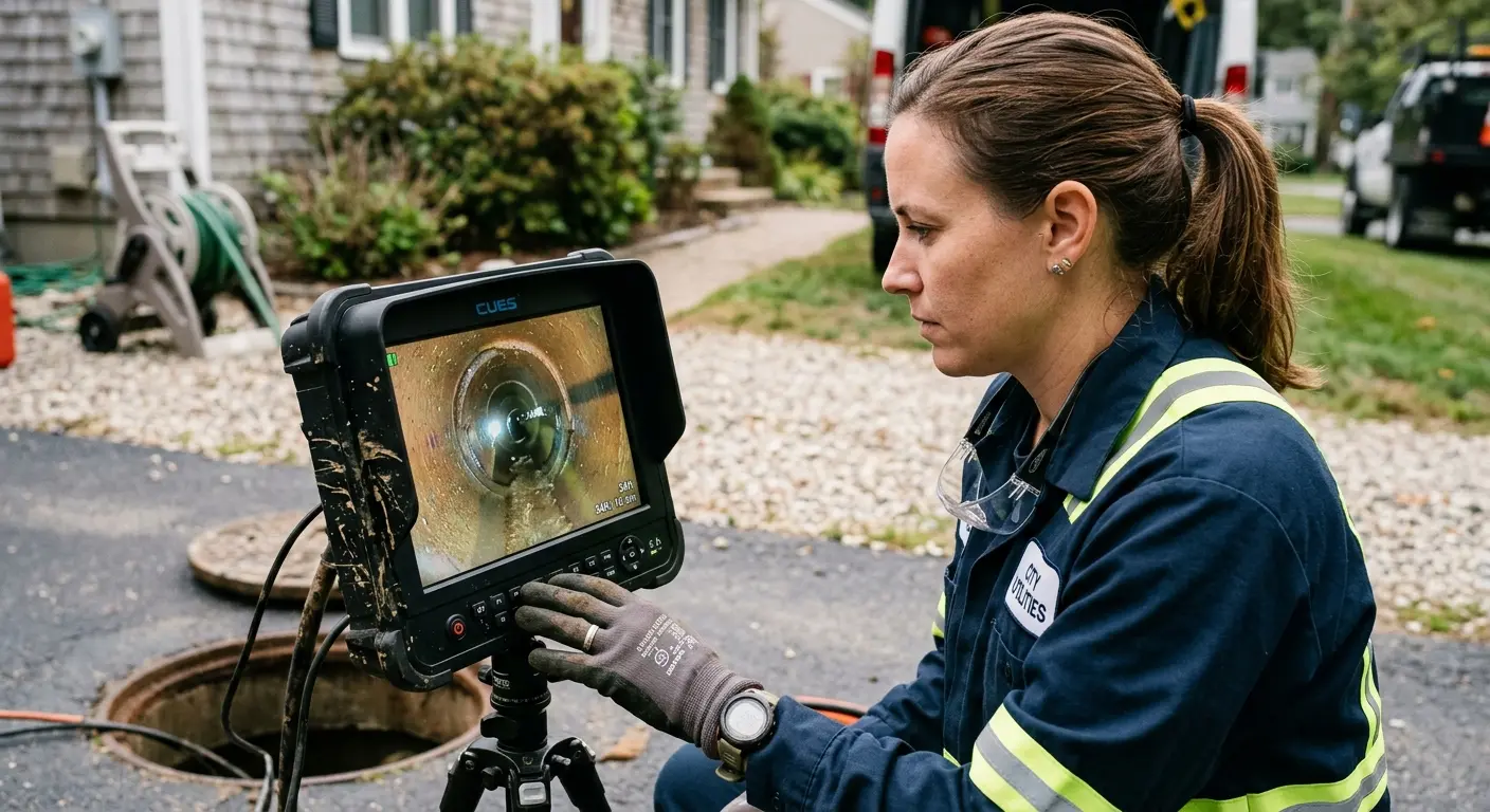 Technician reviewing sewer camera inspection footage in Rochester