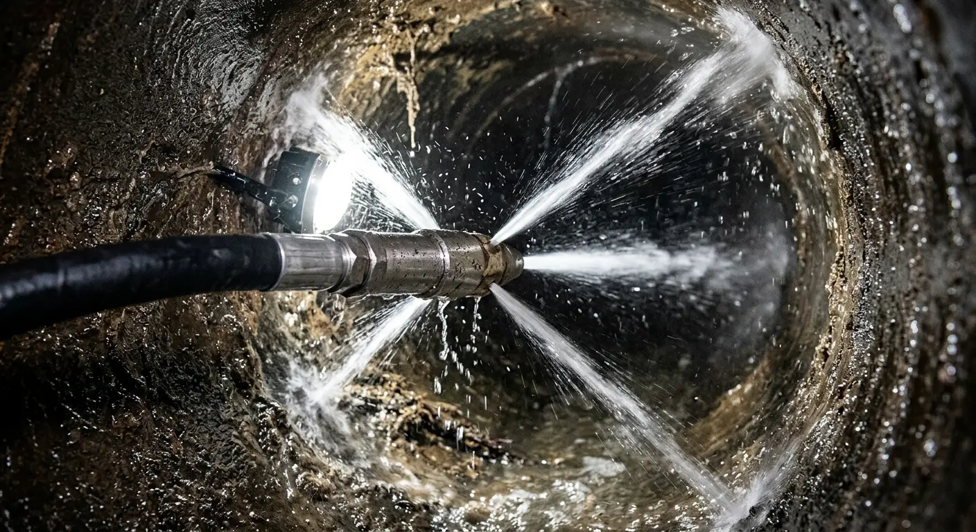 High-pressure hydro jetting nozzle cleaning sewer pipe for Emergency Drain Service in Rochester
